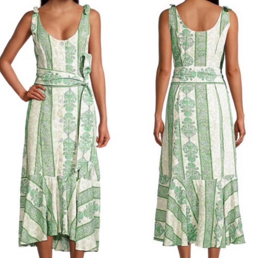 New Roller Rabbit Botanical Berrino Sedona Dress Green Floral Midi Medium